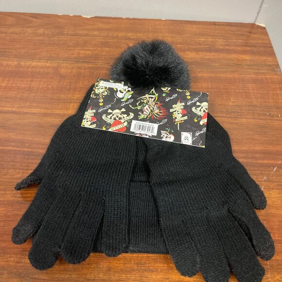 Ed Hardy Beanie and Glove (with Touch Fingers) Set BLACK - Picture 2 of 2